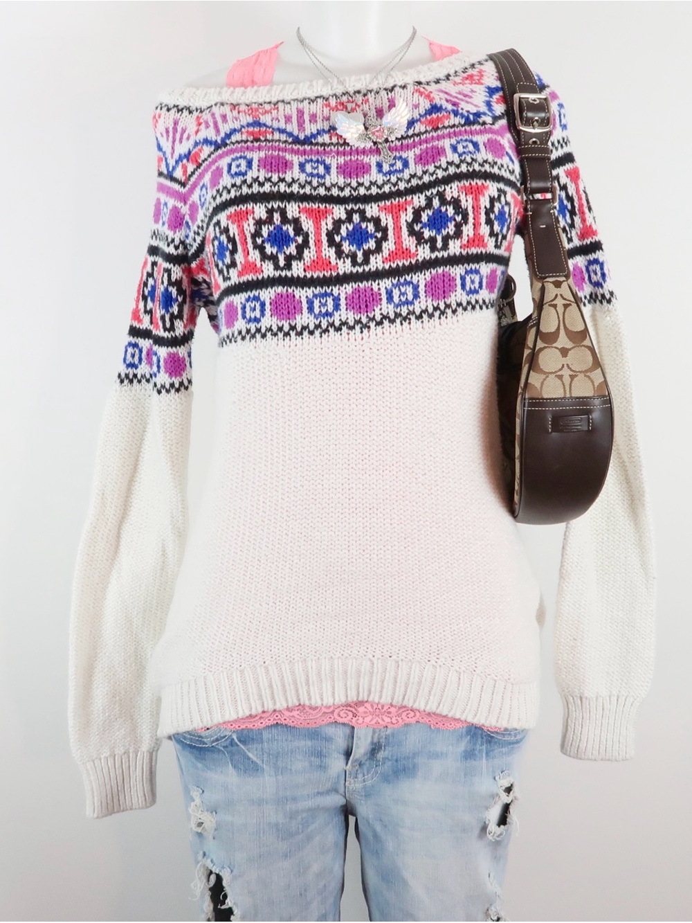 Y2k Cream Off-Shoulder Fair Isle Knit Sweater with Pink Accents